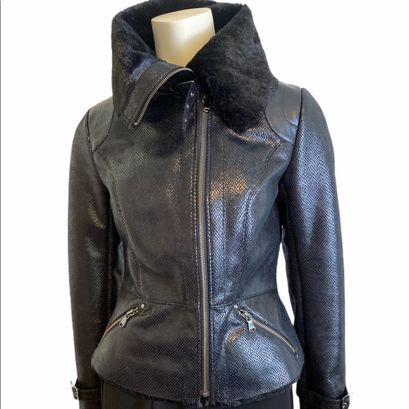 Cache Jackets & Blazers - CACHE Black Faux Leather Faux Fur Moto Jacket - S